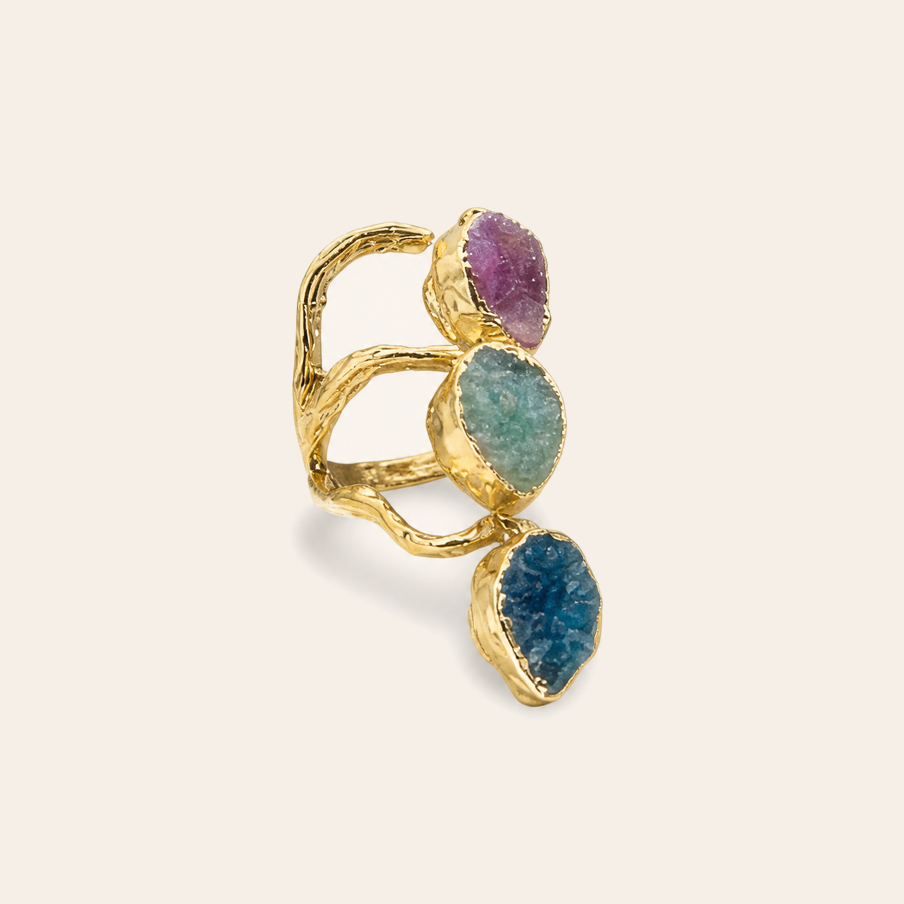 Gold stacked raw stone ring with pink, teal and blue stones